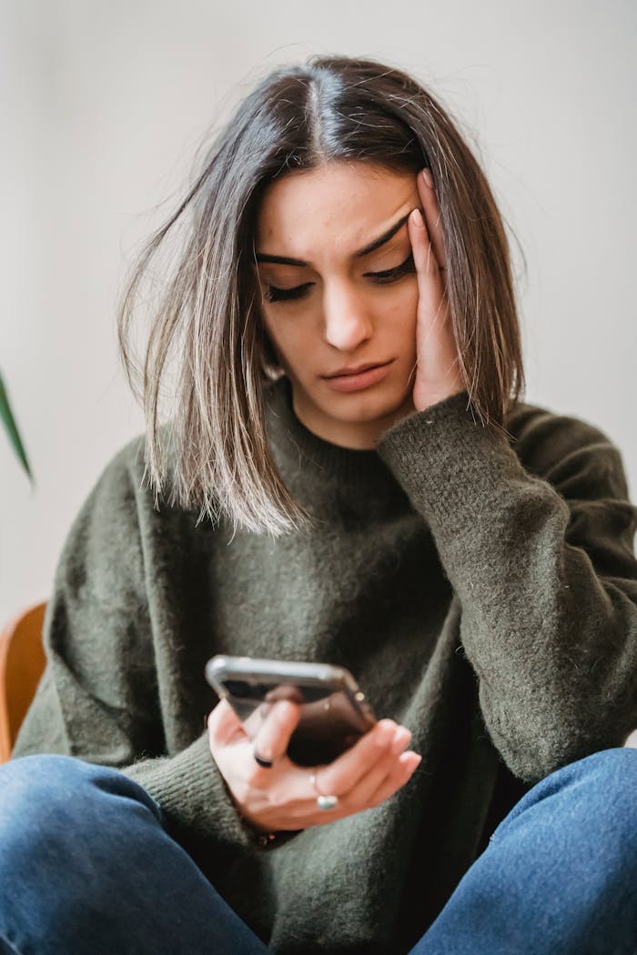 who-we-are Unhappy female in casual wear leaning on hand and surfing internet on cellphone while sitting in light room near wall at home